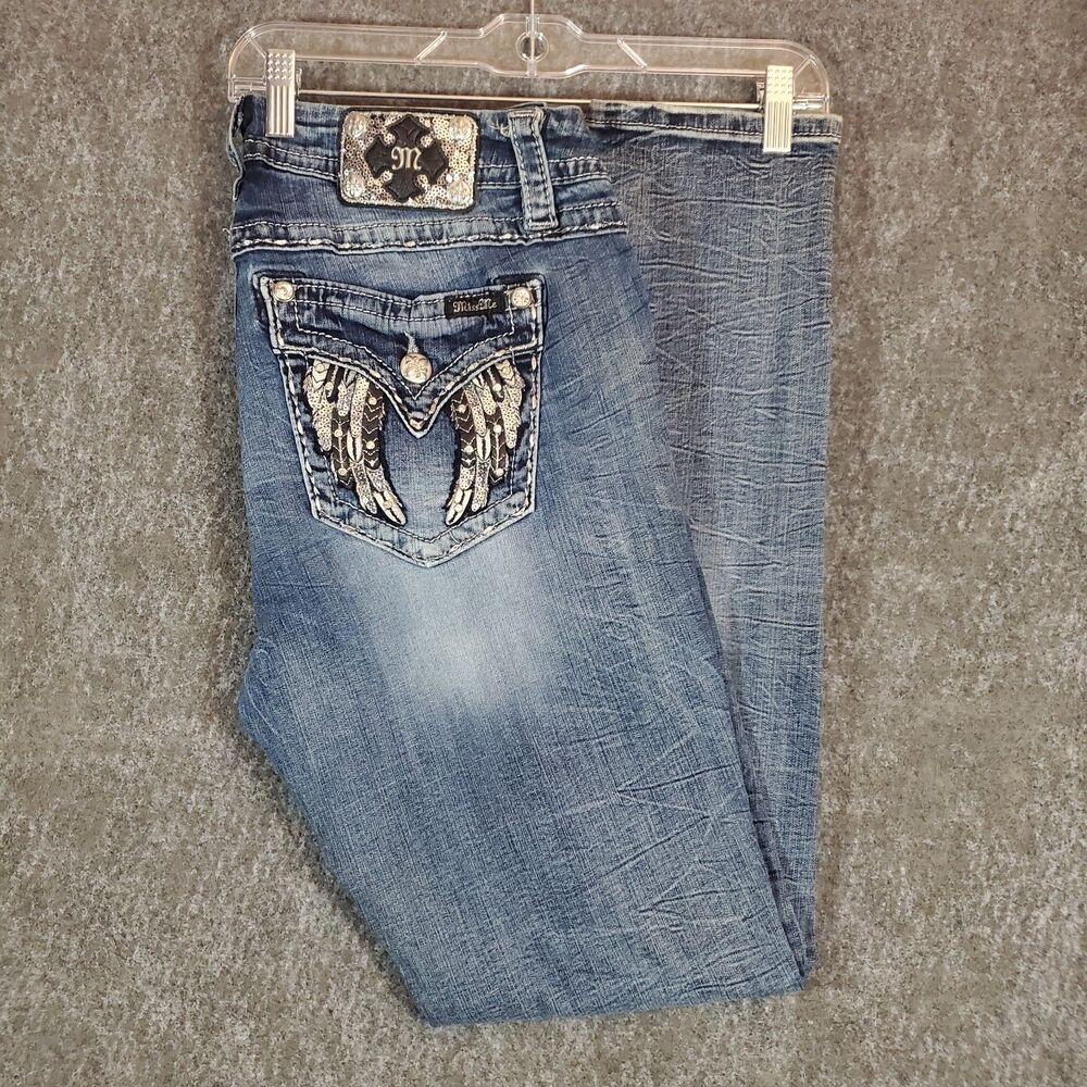 Miss Me Women's 32 Easy Skinny Mid Rise Blue Jeans Bling Wings Y2K
